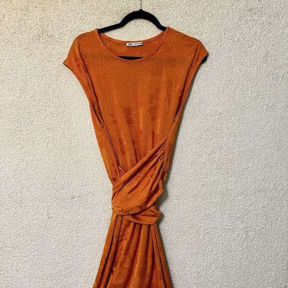 Zara Orange Floral Cap Sleeve Tie‎ Waist Stretch Midi Dress Sz M - Picture 4 of 16
